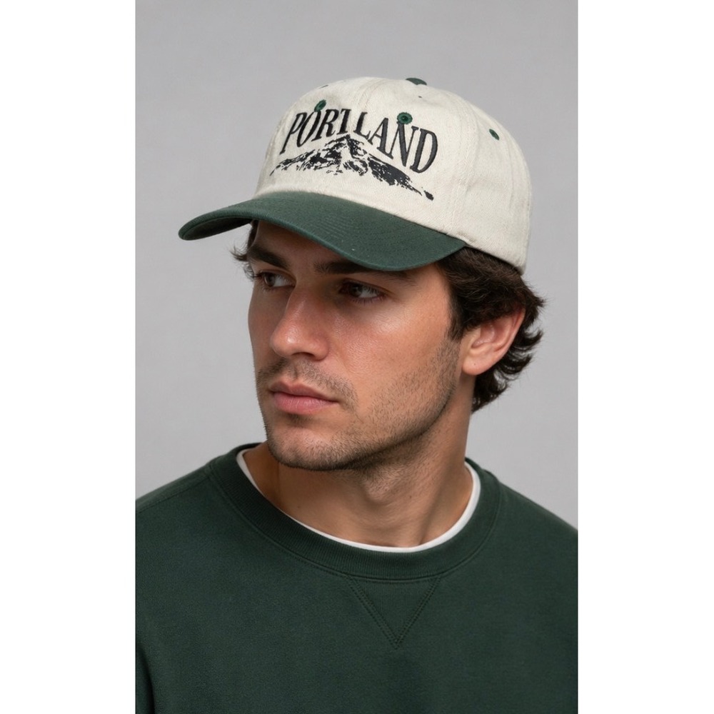 Vintage Sportsman Portland Oregon Mountain Dad Hat Tan Green Adjustable Cap Y2K